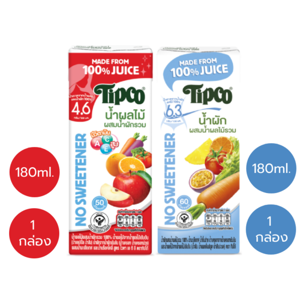(แพ็กคู่) TIPCO น้ำผลไม้ผสมน้ำผักรวม สูตรหวานน้อย Mixed Veggie & Fruit Juice, A C E  180 ml.